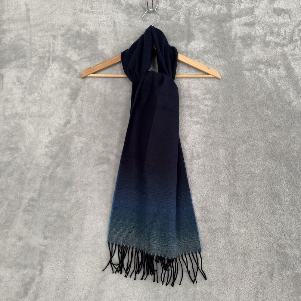 100% Cashmere Scarf Navy Blue Fringe Hand Tailored Made in Germany 67"x12"